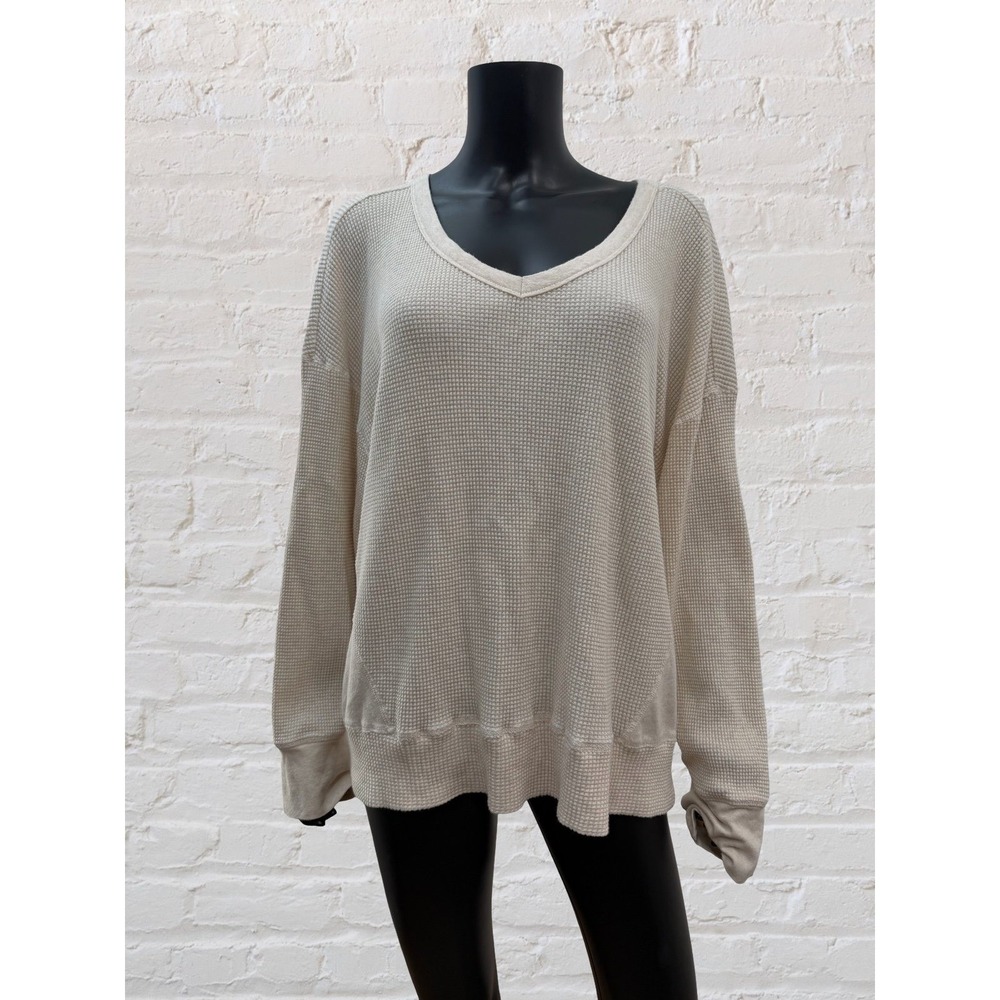 Offline By Aerie Waffle Knit Oversized V-Neck Thermal Top Cream‎ XXL